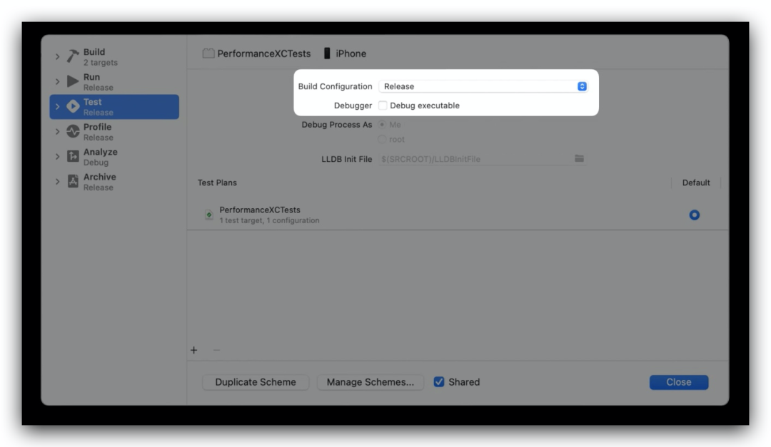 Xcode Scheme 的 Test 配置:Build Configuration 设为 Release,并取消勾选 Debug executable