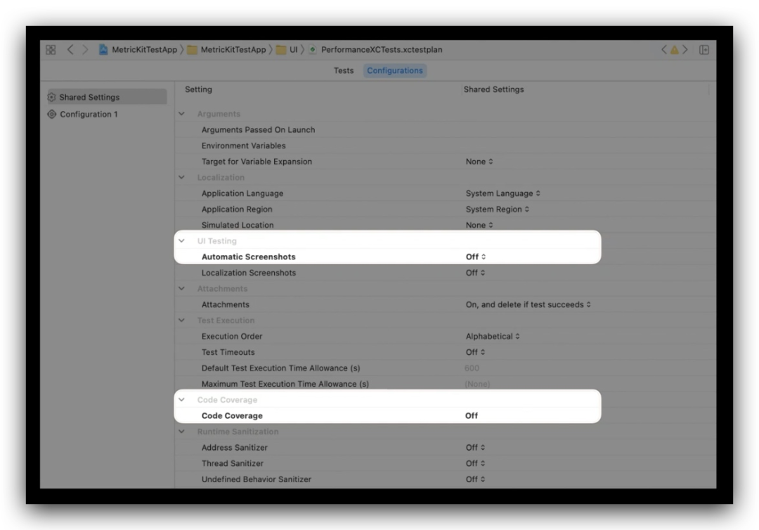 Test Plan 的 Configurations 页:Automatic Screenshots 与 Code Coverage 都设为 Off