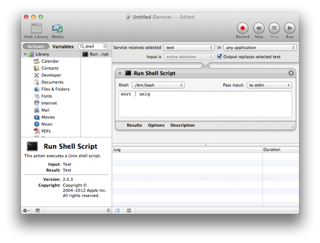 Xcode 服务编辑器中新建 Sort & Uniq 服务并写入排序脚本后的窗口